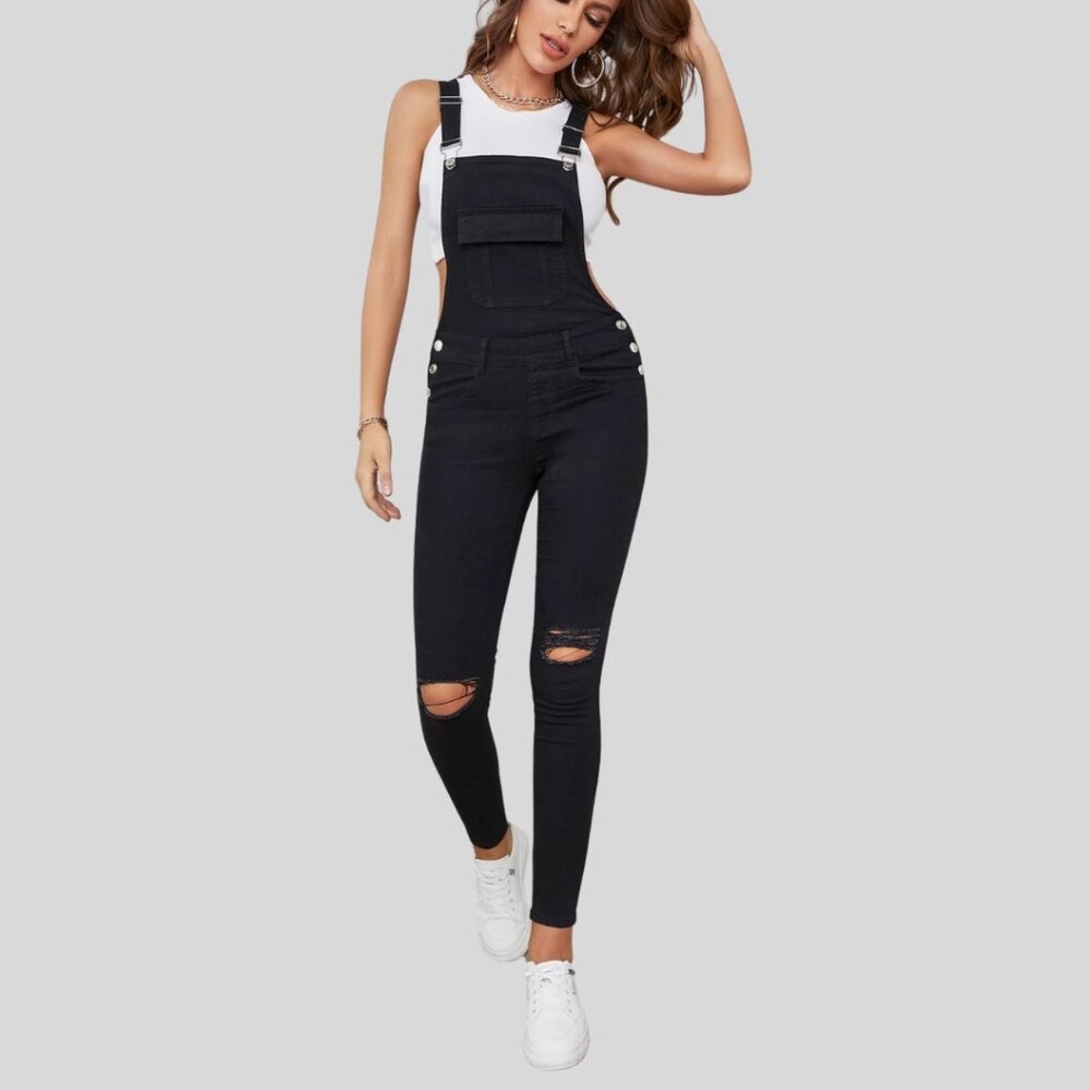 Flap Pocket Ripped Denim Overalls Without Tank Top